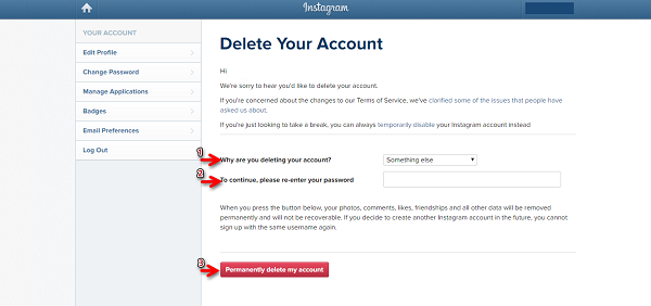 مرحله سوم دلیت کردن اکانت اینستاگرام