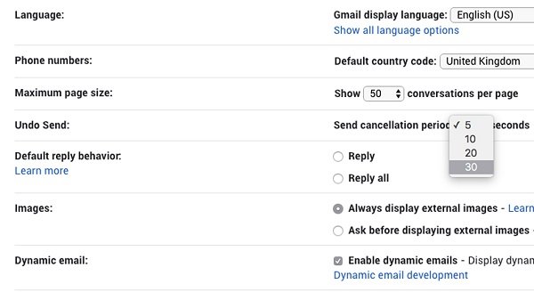 زمان Unsend جیمیل را به 30 ثانیه افزایش دهید