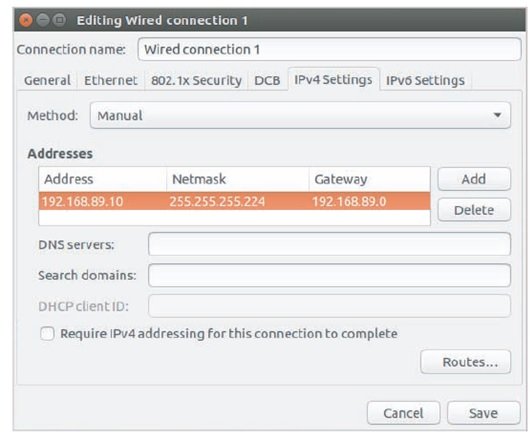 جعبه محاوره پروتکل  TCP / IPv4 برای یک ایستگاه کاری اوبونتو روی اولین زیر شبکه 