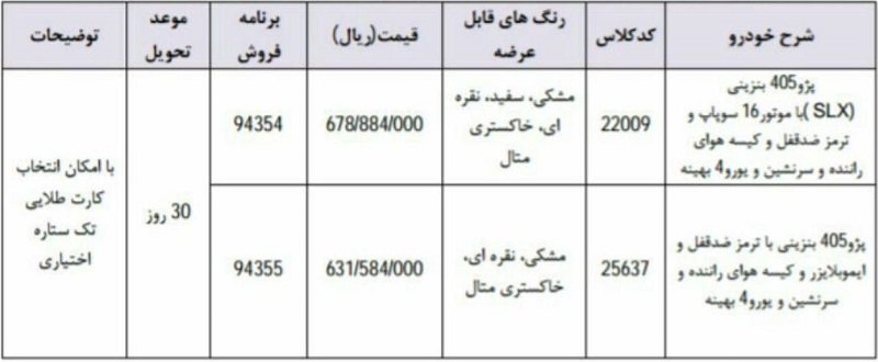 شرایط فروش فوری نقدی پژو 405 بنزینی و SLX - اردیبهشت 98