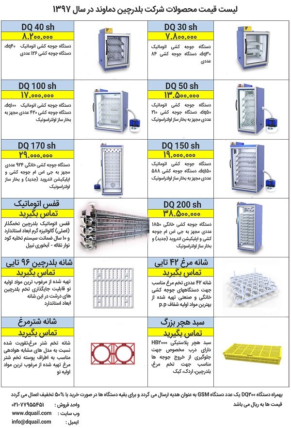 لیست قیمت دستگاه جوجه کشی بلدرچین دماوند